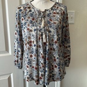 Style & Co Blouse 3/4 Sleeve Blue, Brown, Rust Floral Size Medium